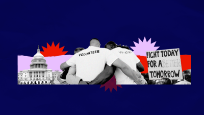 Collage image of US Capitol and people working together with sign that reads fight today for a better tomorrow