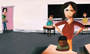 Teaching Tolerance illustration of  an adult witness another teacher in act of racism to a student in class