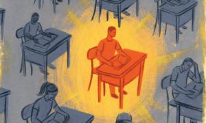 Teaching Tolerance illustration of a student spotlighted inside classroom