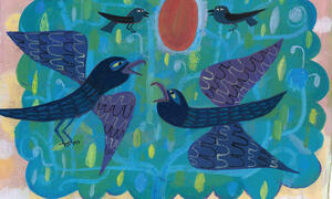Teaching Tolerance illustration of blue birds flying around a ripe mango on top of the tree 