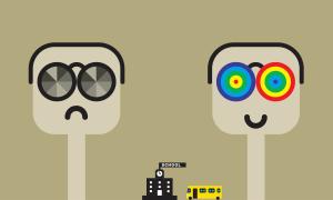 Teaching Tolerance illustration of 2 students one with dark glasses and other with colorful glasses