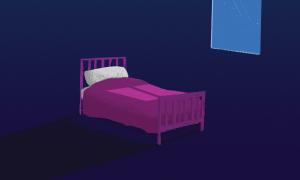 pink bed in dark room illustration by Matt Saunders