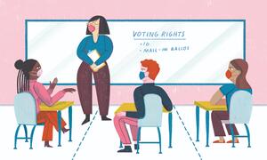 Illustration of people with masks in the classroom.