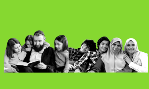 Collage image of a Jewish family and a Muslim family
