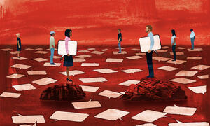 Illustration of group of diverse people with dialogue boxes facing one another.