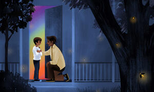 Illustration by Nicole Album - two brothers on the porch talking, evening with fireflies