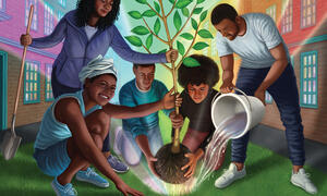 Illustration of youth and adults planting a tree together