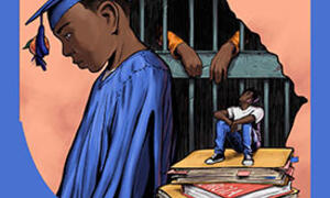 Profile of a Black student next to a jail cell. Another student is sitting on a pile of books.