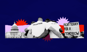 Collage image of US Capitol and people working together with sign that reads fight today for a better tomorrow