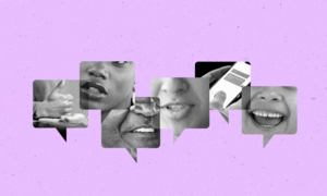 Collage of faces and hands communicating