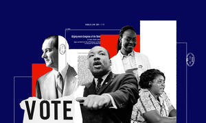 Collage image of historical voting rights advocates and the Voting Rights Act along with a young voter today.