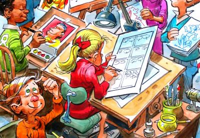 Teaching Tolerance illustration with Students drawing comic books