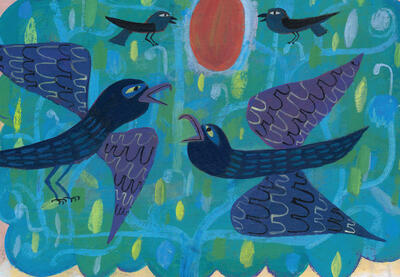 Teaching Tolerance illustration of blue birds flying around a ripe mango on top of the tree 