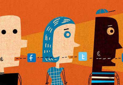 Illustration of students connected by social media