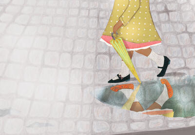Teaching Tolerance illustration of young girl black shoes reflected orange from a water puddle on the road
