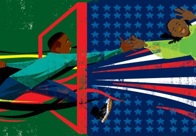 boys falling among flags