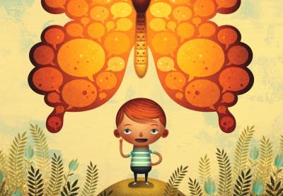 Teaching Tolerance illustration of kid under a butterfly