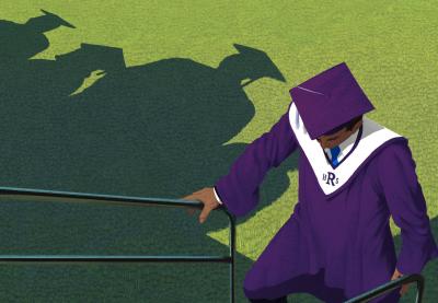 graduate walking alone up the stairs