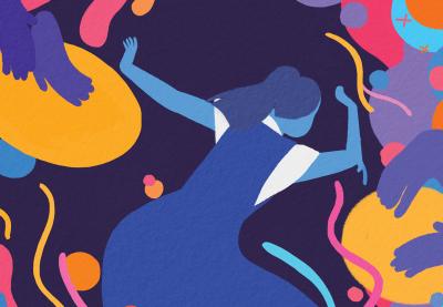 Illustration of a dancer surrounded by people playing the drums.