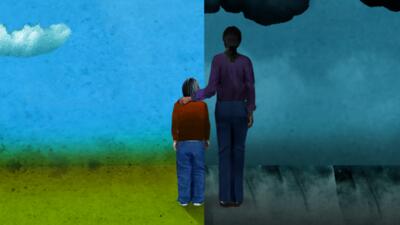 Taller figure with their hand on the shoulder of a smaller person standing next to them. The background is split between a brighter sky and a stormy dark sky.