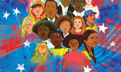 Illustration diverse group of people in patriotic image with stars and stripes