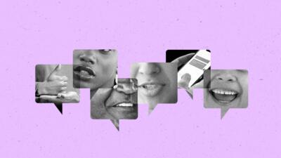 Collage of faces and hands communicating