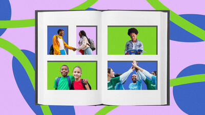 Image of a book with pages and photos of children and youth.