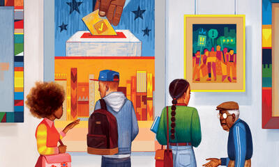 Group of diverse people observing and discussing art representing justice issues.