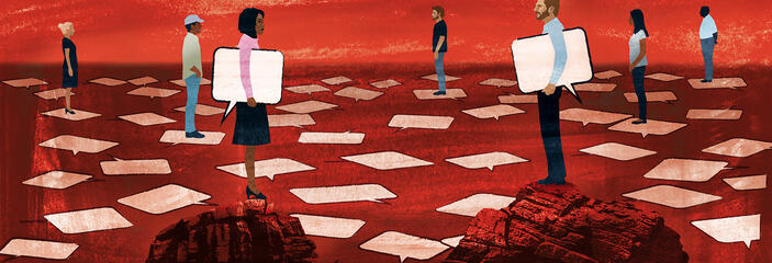 Illustration of group of diverse people with dialogue boxes facing one another.