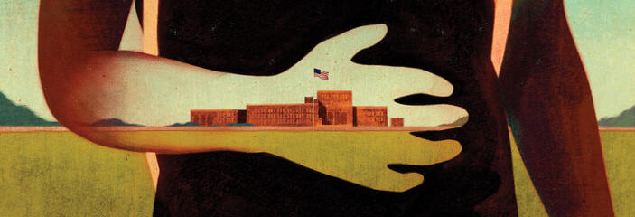 Illustration of youth with arm across stomach and imposed image of school