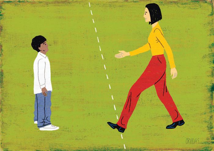Teaching Tolerance illustration of a teacher crossing the line to meet her student
