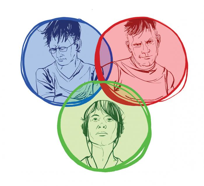 Illustration of a bully, a bullied student and a bystander