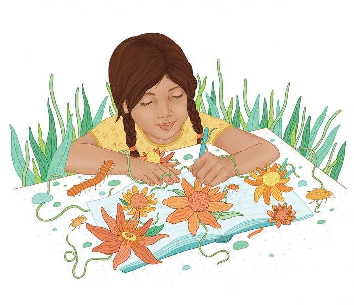 Girl drawing flowers surrounded by plants and nature creatures