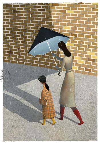 Illustration of a woman holding an umbrella over a girl's head